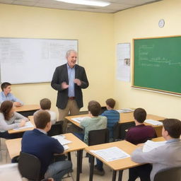 A man stands at the front of a classroom, teaching German to a group of students