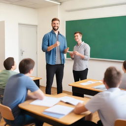 A man stands at the front of a classroom, teaching German to a group of students