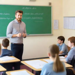 A man stands at the front of a classroom, teaching German to a group of students