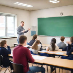 A man stands at the front of a classroom, teaching German to a group of students