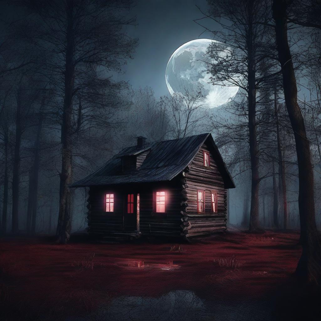 A creepy little cabin in the woods at night, with a full moon in the background casting an eerie light