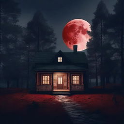 A creepy little cabin in the woods at night, with a full moon in the background casting an eerie light