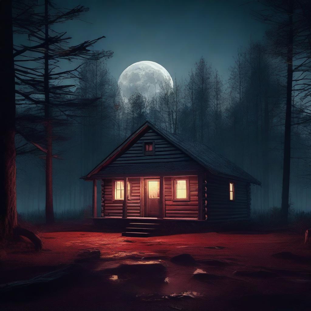 A creepy little cabin in the woods at night, with a full moon in the background casting an eerie light