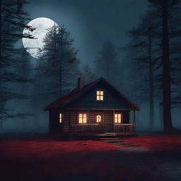 A creepy little cabin in the woods at night, with a full moon in the background casting an eerie light