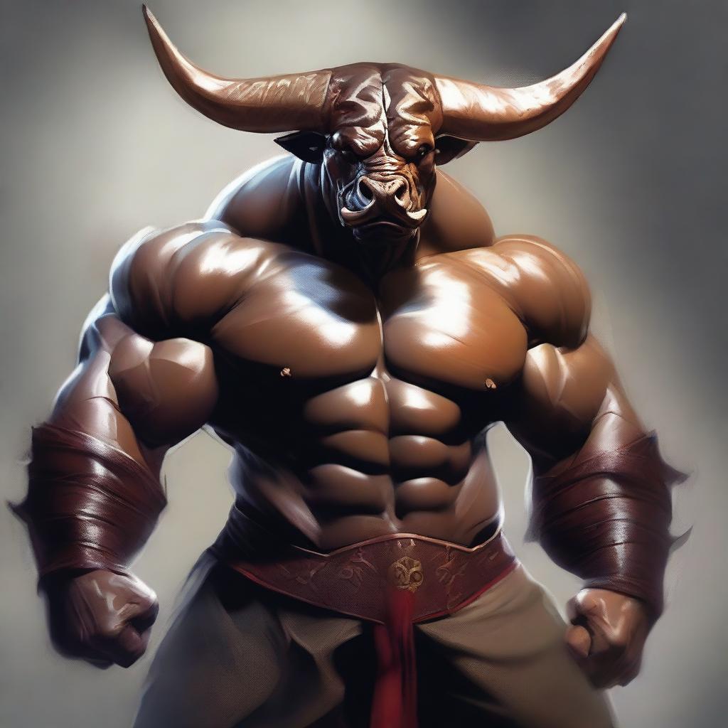 Create an image featuring strong and powerful bull men, combining the features of a bull and a human