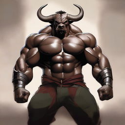 Create an image featuring strong and powerful bull men, combining the features of a bull and a human