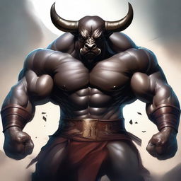 Create an image featuring strong and powerful bull men, combining the features of a bull and a human