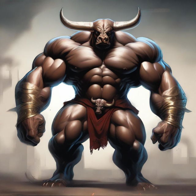 Create an image featuring strong and powerful bull men, combining the features of a bull and a human