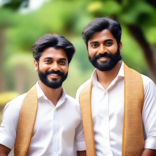 A depiction of attractive Malayali men with traditional and modern attire, showcasing their cultural heritage and charm