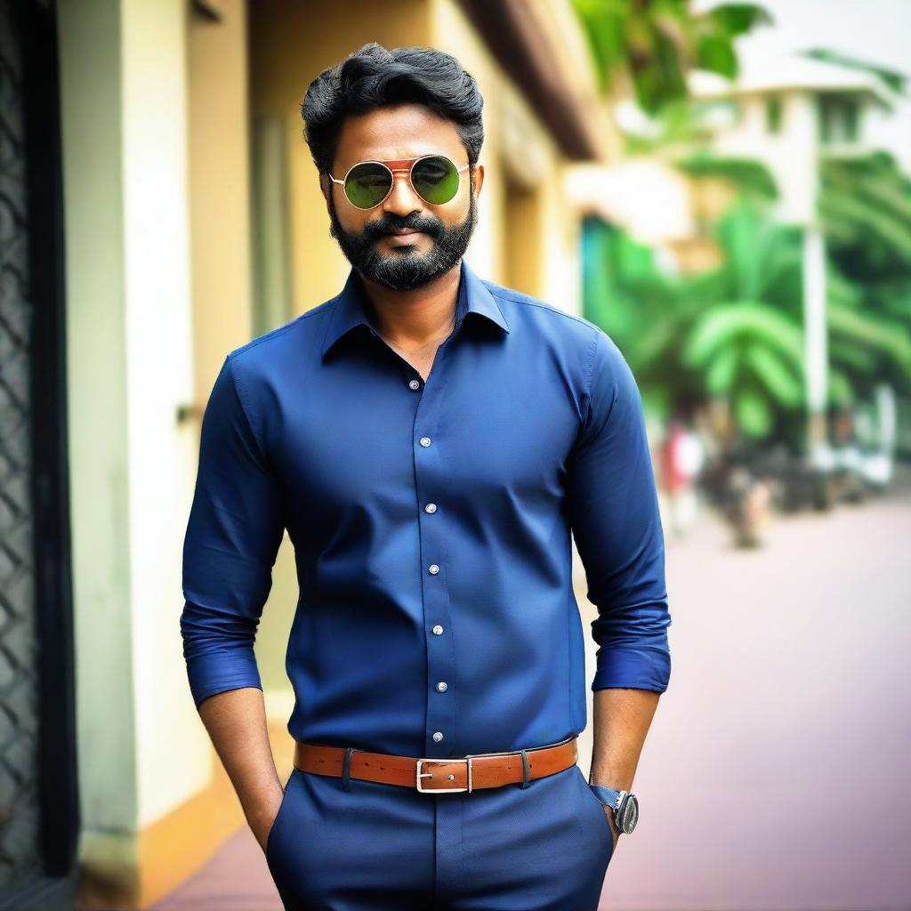 A stylish and confident Malayali man in a modern, fashionable outfit, exuding charm and charisma