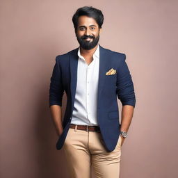 A stylish and confident Malayali man in a modern, fashionable outfit, exuding charm and charisma