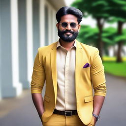 A stylish and confident Malayali man in a modern, fashionable outfit, exuding charm and charisma