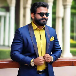 A stylish and confident Malayali man in a modern, fashionable outfit, exuding charm and charisma