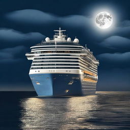 A large cruise ship sailing at sea during night time, with a full moon illuminating the background