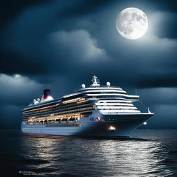 A large cruise ship sailing at sea during night time, with a full moon illuminating the background