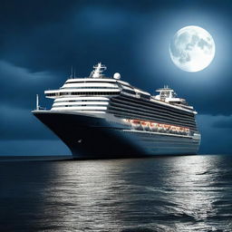 A large cruise ship sailing at sea during night time, with a full moon illuminating the background