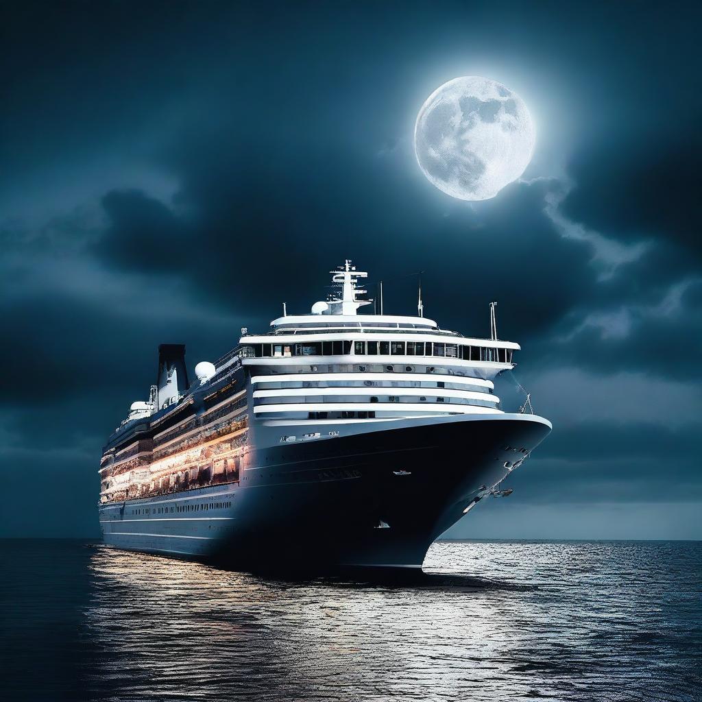 A large cruise ship sailing at sea during night time, with a full moon illuminating the background