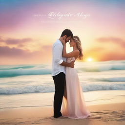 Create a romantic book cover featuring a couple in an intimate embrace, set against a dreamy, sunset beach background