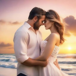 Create a romantic book cover featuring a couple in an intimate embrace, set against a dreamy, sunset beach background