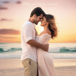 Create a romantic book cover featuring a couple in an intimate embrace, set against a dreamy, sunset beach background