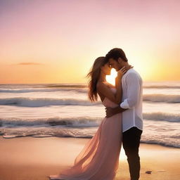 Create a romantic book cover featuring a couple in an intimate embrace, set against a dreamy, sunset beach background