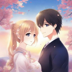 A romantic anime book cover featuring a blonde girl and a dark-haired boy