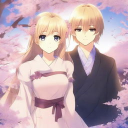 A romantic anime book cover featuring a blonde girl and a dark-haired boy