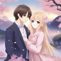 A romantic anime book cover featuring a blonde girl and a dark-haired boy