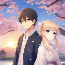 A romantic anime book cover featuring a blonde girl and a dark-haired boy