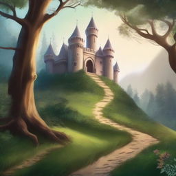 Create a captivating episode story cover featuring a mysterious, enchanted forest with a winding path leading to an ancient castle