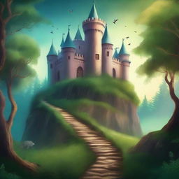 Create a captivating episode story cover featuring a mysterious, enchanted forest with a winding path leading to an ancient castle