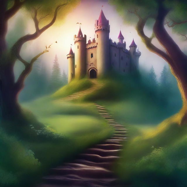 Create a captivating episode story cover featuring a mysterious, enchanted forest with a winding path leading to an ancient castle