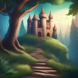 Create a captivating episode story cover featuring a mysterious, enchanted forest with a winding path leading to an ancient castle