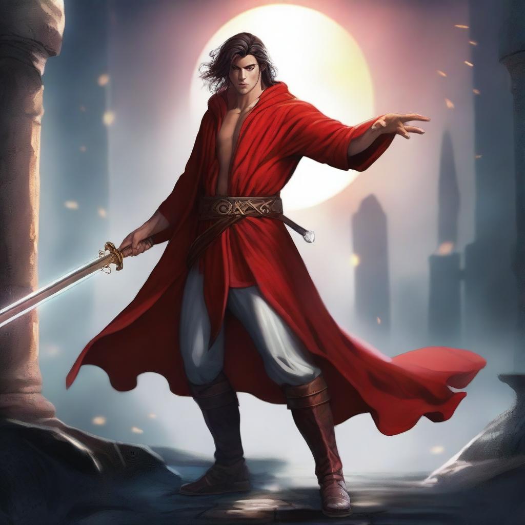 A young, strong, and toned wizard, around 21 years old, without a beard, wearing red robes and wielding a large sword