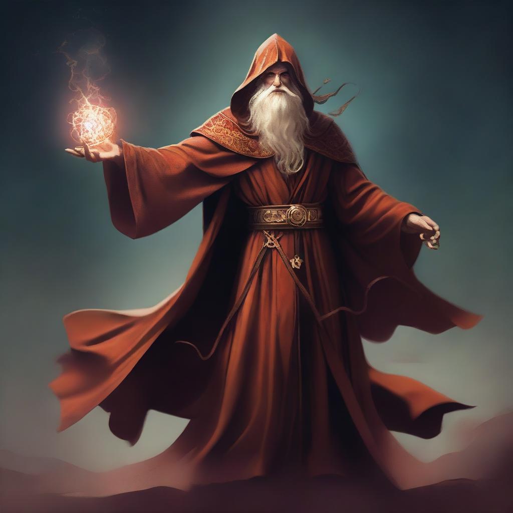 A slim and toned wizard wearing a copper-colored robe, holding a large sword in his right hand