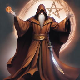 A slim and toned wizard wearing a copper-colored robe, holding a large sword in his right hand