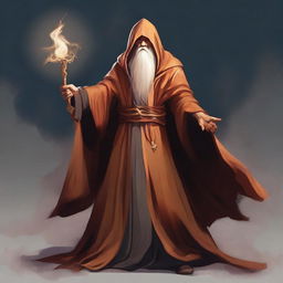 A slim and toned wizard wearing a copper-colored robe, holding a large sword in his right hand