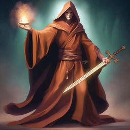 A young, slim, and toned wizard wearing a copper-colored robe, holding a large sword in his right hand