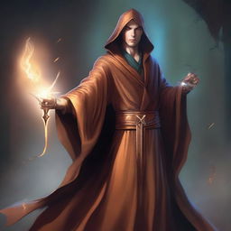 A young, slim, and toned wizard wearing a copper-colored robe, holding a large sword in his right hand