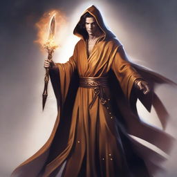 A young, slim, and toned wizard wearing a copper-colored robe, holding a large sword in his right hand