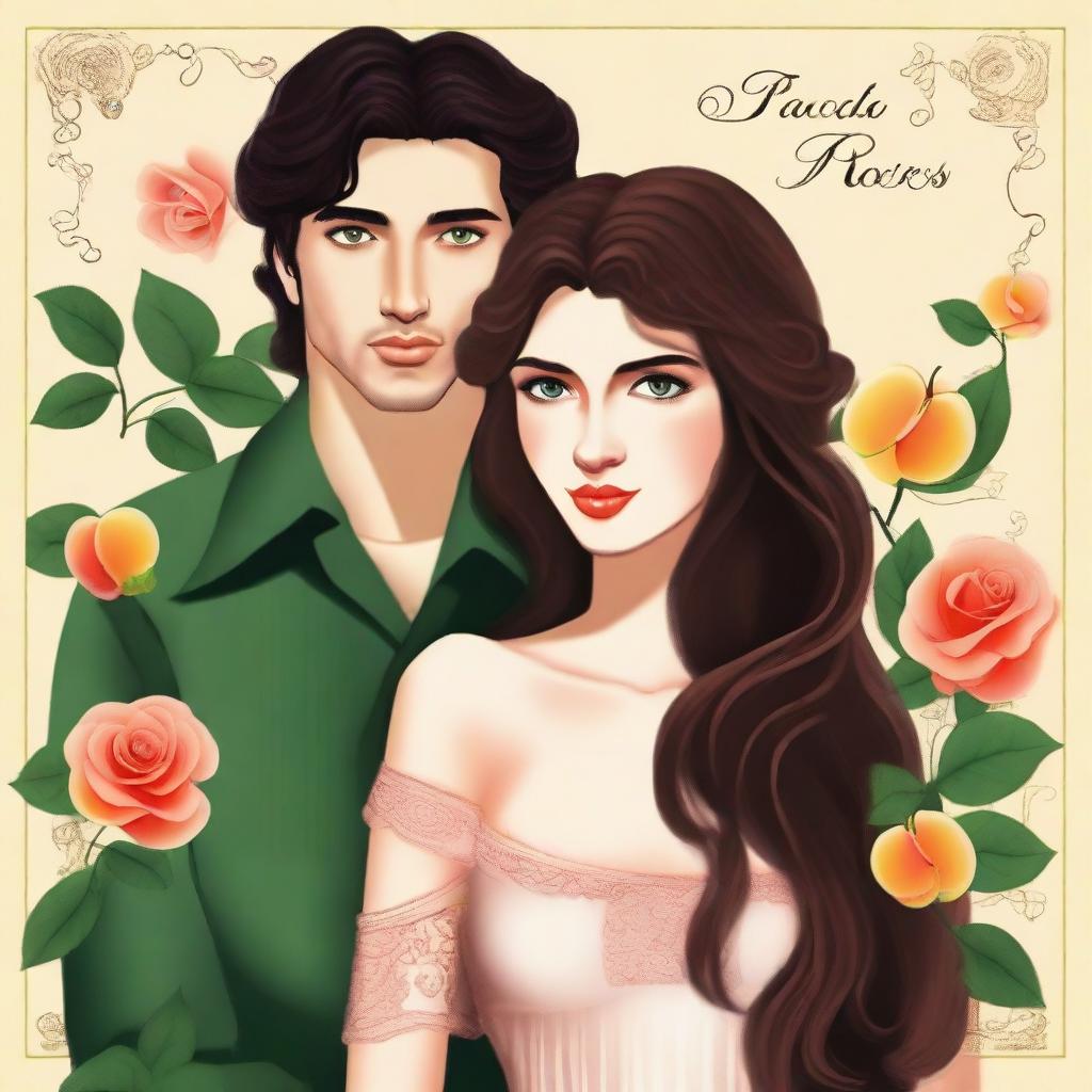 Create an image featuring a woman with long wavy brown hair and green eyes standing beside an Italian man with black hair and dark brown eyes