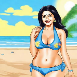 Create an image of Babita Ji from Taarak Mehta Ka Ooltah Chashmah wearing a bikini at the beach
