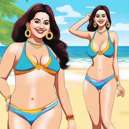 Create an image of Babita Ji from Taarak Mehta Ka Ooltah Chashmah wearing a bikini at the beach
