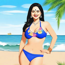 Create an image of Babita Ji from Taarak Mehta Ka Ooltah Chashmah wearing a bikini at the beach
