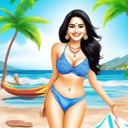 Create an image of Babita Ji from Taarak Mehta Ka Ooltah Chashmah wearing a bikini at the beach