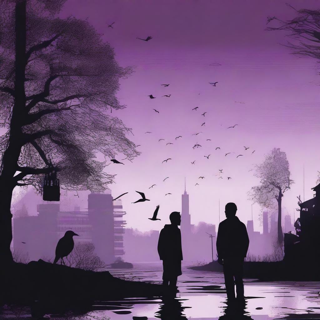 Create a silhouette image depicting a vile, grim moment where most of humanity has been wiped out by artificial intelligence