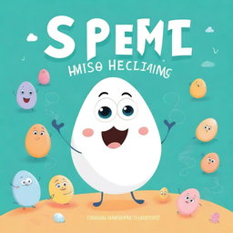 Create a whimsical and educational children's book cover featuring a friendly sperm and a cheerful egg