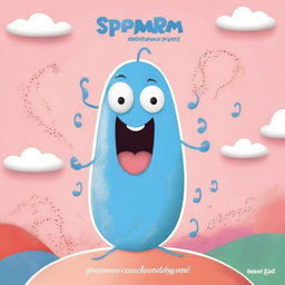 Create a playful and educational children's book cover featuring a cheerful sperm character