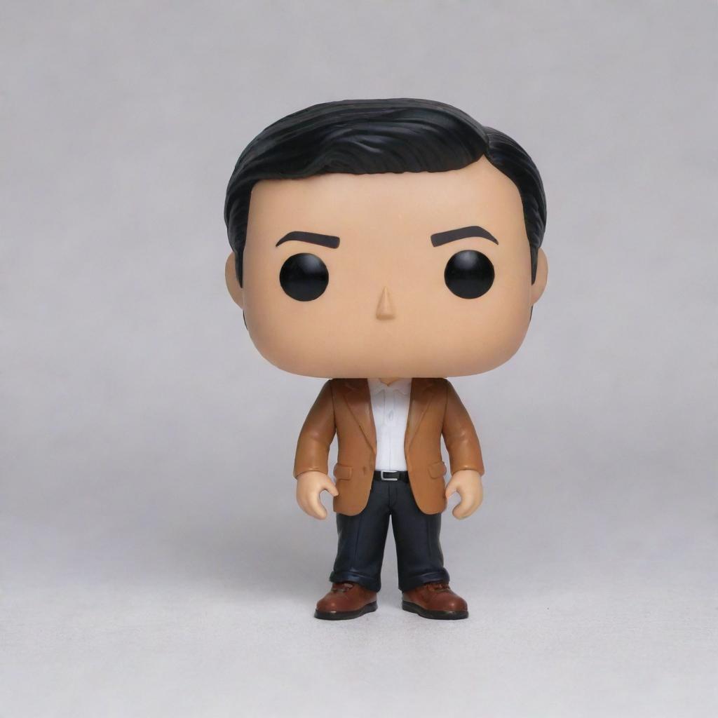 A Funko Pop figure of a tan-skinned man with short black hair and brown eyes. He has medium-sized lips and is depicted as a radio broadcaster.