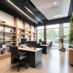 A modern internet cafe and office supplies store with a sleek, contemporary design